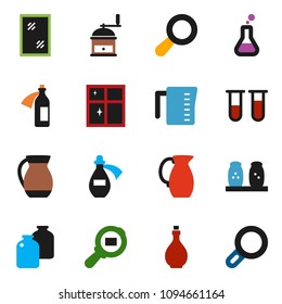 solid vector ixon set - window cleaning vector, shining, oil, measuring cup, hand mill, spices, jug, jar, cargo search, flask, vial, potion, magnifier