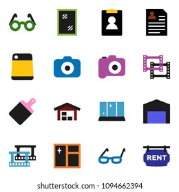 solid vector ixon set - window cleaning vector, shining, cutting board, glasses, personal information, film frame, camera, barn, rent signboard