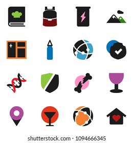 solid vector ixon set - window cleaning vector, cookbook, backpack, punching bag, enegry drink, glass, protected, dna, broken bone, connection, pin, mountain, love home