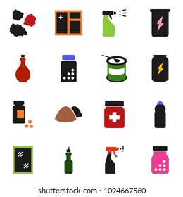 solid vector ixon set - window cleaning vector, sprayer, garbage pile, oil, pills vial, sports nutrition, enegry drink, water bottle