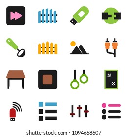 solid vector ixon set - window cleaning vector, ladle, gymnast rings, settings, stop button, forward, rca, usb modem, connection, mountain, fence, table, menu