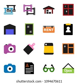 solid vector ixon set - window cleaning vector, shining, cutting board, glasses, personal information, film frame, camera, barn, rent signboard, open