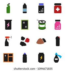 solid vector ixon set - window cleaning vector, sprayer, agent, garbage pile, pills vial, sports nutrition, enegry drink, water bottle, potion