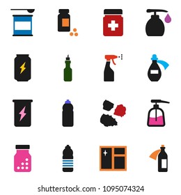solid vector ixon set - window cleaning vector, liquid soap, sprayer, garbage pile, oil, pills vial, sports nutrition, enegry drink, water bottle, potion