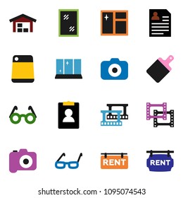 solid vector ixon set - window cleaning vector, shining, cutting board, glasses, personal information, film frame, camera, barn, rent signboard