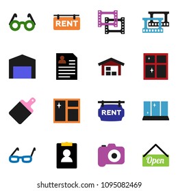 solid vector ixon set - window cleaning vector, shining, cutting board, glasses, personal information, film frame, camera, barn, rent signboard, open
