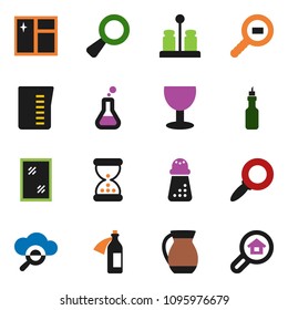 solid vector ixon set - window cleaning vector, measuring cup, hand mill, spices, jug, oil, magnifier, glass, cargo search, flask, sand clock, potion, cloud, estate