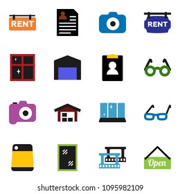 solid vector ixon set - window cleaning vector, shining, cutting board, glasses, personal information, film frame, camera, barn, rent signboard, open