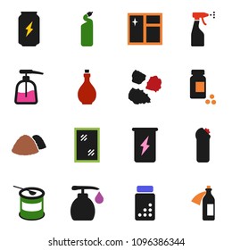 solid vector ixon set - window cleaning vector, liquid soap, sprayer, agent, garbage pile, oil, pills vial, sports nutrition, enegry drink, potion