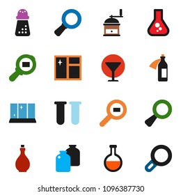 solid vector ixon set - window cleaning vector, shining, oil, hand mill, jar, magnifier, flask, glass, cargo search, vial, potion