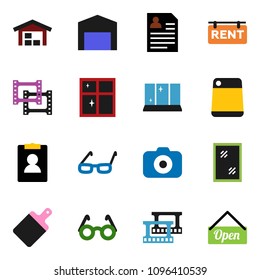 solid vector ixon set - window cleaning vector, shining, cutting board, glasses, personal information, film frame, camera, barn, rent signboard, open
