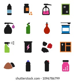 solid vector ixon set - window cleaning vector, liquid soap, sprayer, agent, garbage pile, oil, pills vial, sports nutrition, enegry drink, water bottle