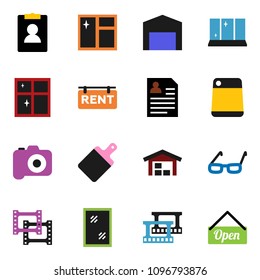 solid vector ixon set - window cleaning vector, shining, cutting board, glasses, personal information, film frame, camera, barn, rent signboard, open