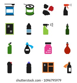 solid vector ixon set - window cleaning vector, sprayer, agent, garbage pile, oil, sports nutrition, water bottle, pills, potion