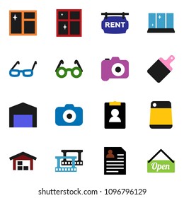 solid vector ixon set - window cleaning vector, shining, cutting board, glasses, personal information, film frame, camera, barn, rent signboard, open