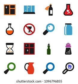 solid vector ixon set - window cleaning vector, shining, hand mill, jug, jar, oil, magnifier, flask, no alcohol sign, sand clock, potion, search estate