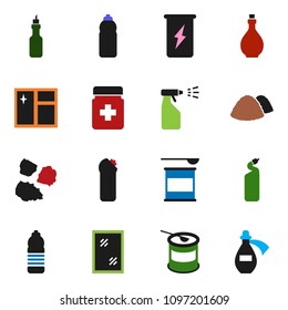 solid vector ixon set - window cleaning vector, sprayer, agent, garbage pile, oil, sports nutrition, enegry drink, water bottle, pills, potion