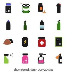 solid vector ixon set - window cleaning vector, liquid soap, sprayer, agent, garbage pile, oil, pills vial, sports nutrition, enegry drink, water bottle, potion