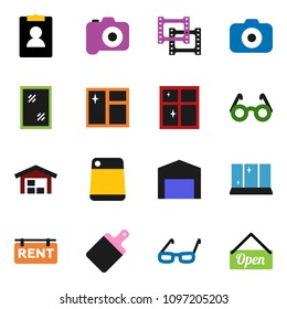 solid vector ixon set - window cleaning vector, shining, cutting board, glasses, personal information, film frame, camera, barn, rent signboard, open