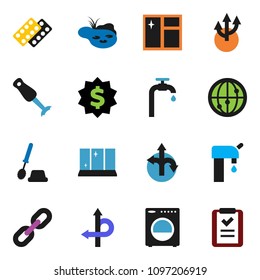 solid vector ixon set - window cleaning vector, toilet brush, shining, blender, dollar medal, route, internet, pills blister, chain, arrow, pond, water supply, washer, shopping list