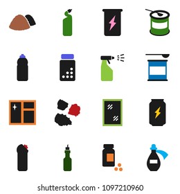 solid vector ixon set - window cleaning vector, sprayer, agent, garbage pile, oil, pills vial, sports nutrition, enegry drink, water bottle, potion