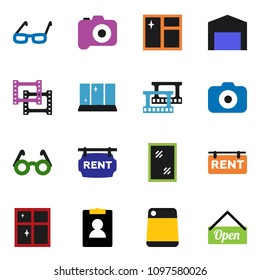 solid vector ixon set - window cleaning vector, shining, cutting board, glasses, personal information, film frame, camera, barn, rent signboard, open