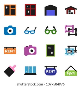 solid vector ixon set - window cleaning vector, shining, cutting board, glasses, film frame, camera, barn, rent signboard, open