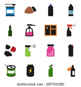 solid vector ixon set - window cleaning vector, liquid soap, sprayer, agent, garbage pile, oil, sports nutrition, enegry drink, water bottle, pills, potion