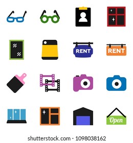 solid vector ixon set - window cleaning vector, shining, cutting board, glasses, personal information, film frame, camera, barn, rent signboard, open