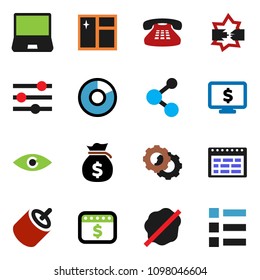solid vector ixon set - window cleaning vector, splotch, schedule, pie graph, money bag, dollar calendar, monitor, molecule, notebook pc, classic phone, rca, eye, disconnection, gear, equalizer
