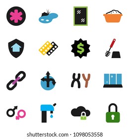 solid vector ixon set - window cleaning vector, toilet brush, foam basin, shining, dollar medal, route, ambulance star, gender sign, pills blister, chromosomes, cloud lock, chain, pond, water supply