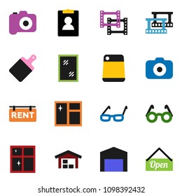 solid vector ixon set - window cleaning vector, shining, cutting board, glasses, personal information, film frame, camera, barn, rent signboard, open