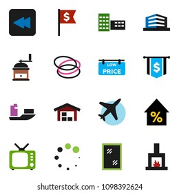 solid vector ixon set - window cleaning vector, hand mill, school building, percent growth, dollar flag, hoop, plane, ship, tv, backward button, loading, barn, low price signboard, office, fireplace