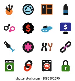 solid vector ixon set - window cleaning vector, washer, blender, dollar medal, monitor, water bottle, internet, ambulance star, gender sign, chromosomes, chain, route arrow, pond, lock