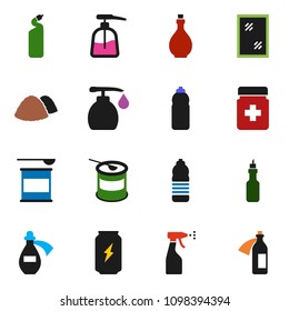 solid vector ixon set - window cleaning vector, liquid soap, sprayer, agent, garbage pile, oil, sports nutrition, enegry drink, water bottle, pills, potion