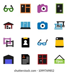 solid vector ixon set - window cleaning vector, shining, cutting board, glasses, personal information, film frame, camera, barn, open