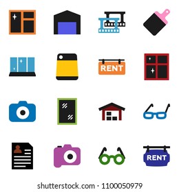 solid vector ixon set - window cleaning vector, shining, cutting board, glasses, personal information, film frame, camera, barn, rent signboard