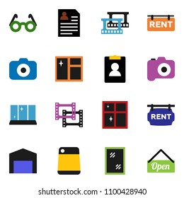 solid vector ixon set - window cleaning vector, shining, cutting board, glasses, personal information, film frame, camera, barn, rent signboard, open