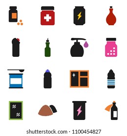 solid vector ixon set - window cleaning vector, liquid soap, agent, garbage pile, oil, pills vial, sports nutrition, enegry drink, water bottle, potion