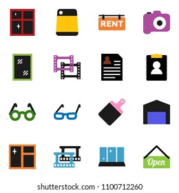 solid vector ixon set - window cleaning vector, shining, cutting board, glasses, personal information, film frame, camera, barn, rent signboard, open