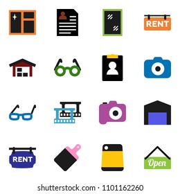 solid vector ixon set - window cleaning vector, cutting board, glasses, personal information, film frame, camera, barn, rent signboard, open