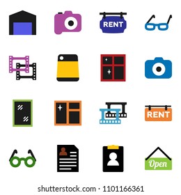 solid vector ixon set - window cleaning vector, shining, cutting board, glasses, personal information, film frame, camera, barn, rent signboard, open