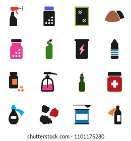 solid vector ixon set - window cleaning vector, liquid soap, sprayer, agent, garbage pile, oil, pills vial, sports nutrition, enegry drink, water bottle, potion