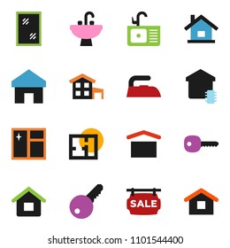 solid vector ixon set - window cleaning vector, iron, sink, dry cargo, home, key, house, cottage, plan, sale signboard, smart