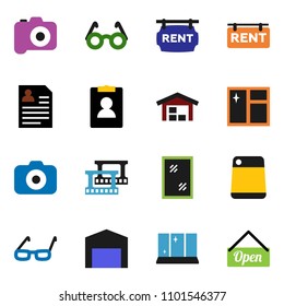 solid vector ixon set - window cleaning vector, shining, cutting board, glasses, personal information, film frame, camera, barn, rent signboard, open