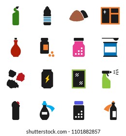 solid vector ixon set - window cleaning vector, sprayer, agent, garbage pile, oil, pills vial, sports nutrition, enegry drink, water bottle, potion