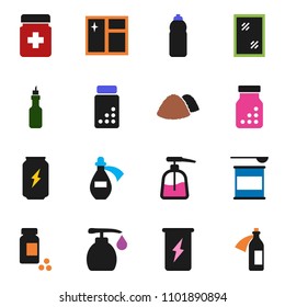 solid vector ixon set - window cleaning vector, liquid soap, garbage pile, oil, pills vial, sports nutrition, enegry drink, water bottle, potion