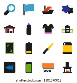 solid vector ixon set - window cleaning vector, splotch, knife, cutting board, school building, flag, t shirt, water bottle, ship, truck trailer, battery, backward button, magnifier, barn, fireplace
