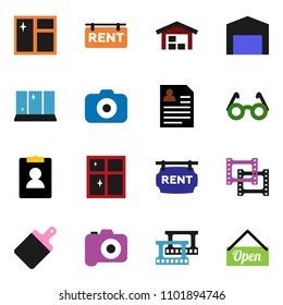 solid vector ixon set - window cleaning vector, shining, cutting board, glasses, personal information, film frame, camera, barn, rent signboard, open