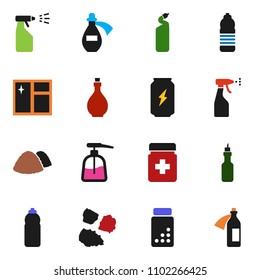 solid vector ixon set - window cleaning vector, liquid soap, sprayer, agent, garbage pile, oil, pills vial, enegry drink, water bottle, potion
